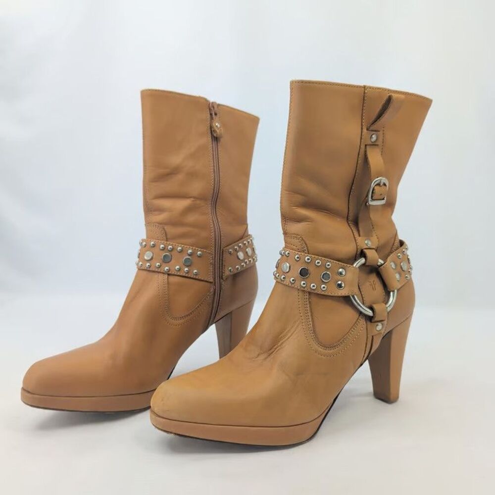 Frye Katie Ring Boots Womens 9 M Tan Leather Harness Studded High Heel Italy